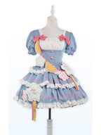 Sweet Lolita Blue Layer Cake Dress Pleats Trimmed Denim Patchwork Dress Summer