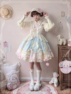 Sweet Lolita Blue Pink Sleeveless Layer Ruffle Bow Lace Cute OPDress Short Version
