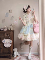 Design Concept:

This Sweet Lolita blue and pink sleeveless JSK dress features layered ruffles, delicate lace, and charming bow details, creating a sweet and playful style. The short version design adds a light and youthful touch, perfect for showcasing a cute Lolita look. Product Details: The product includes one dress, offering a dreamy and elegant outfit for special occasions or daily Lolita fashion.