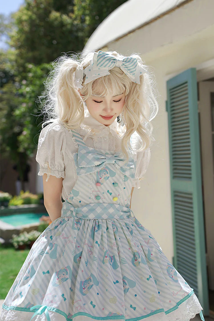 This Sweet Lolita blue and pink sleeveless strap dress features delicate lace, printed details, and charming bow accents, creating a sweet and elegant Lolita style. The backless design adds a playful touch while maintaining a graceful silhouette. Product Details: The product includes one strap dress, perfect for achieving a cute and refined Lolita look.