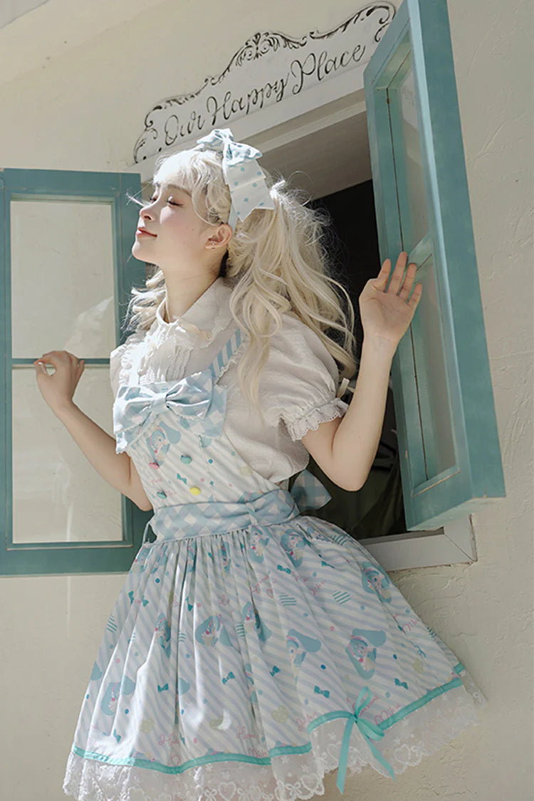 This Sweet Lolita blue and pink sleeveless strap dress features delicate lace, printed details, and charming bow accents, creating a sweet and elegant Lolita style. The backless design adds a playful touch while maintaining a graceful silhouette. Product Details: The product includes one strap dress, perfect for achieving a cute and refined Lolita look.