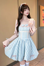 Design Concept:

Step into a playful and charming look with this Sweet Lolita blue JSK mini dress. Featuring a sleeveless design, check print pattern, delicate ruffles, and a cute bow accent, it radiates youthful elegance and sweet Lolita charm. The short skirt and flowing silhouette create a flirty and graceful effect, perfect for tea parties, photoshoots, or themed gatherings. Crafted from soft and comfortable fabric, this dress ensures both style and ease, making it a delightful addition to any Lolita wa