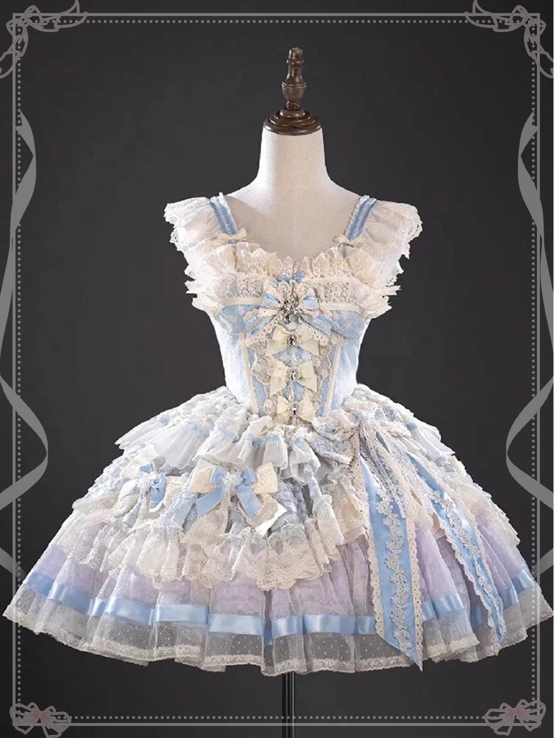Sweet Lolita Blue Sleeveless Ruffle Embroider Bow Lace Corset Princess Dress
