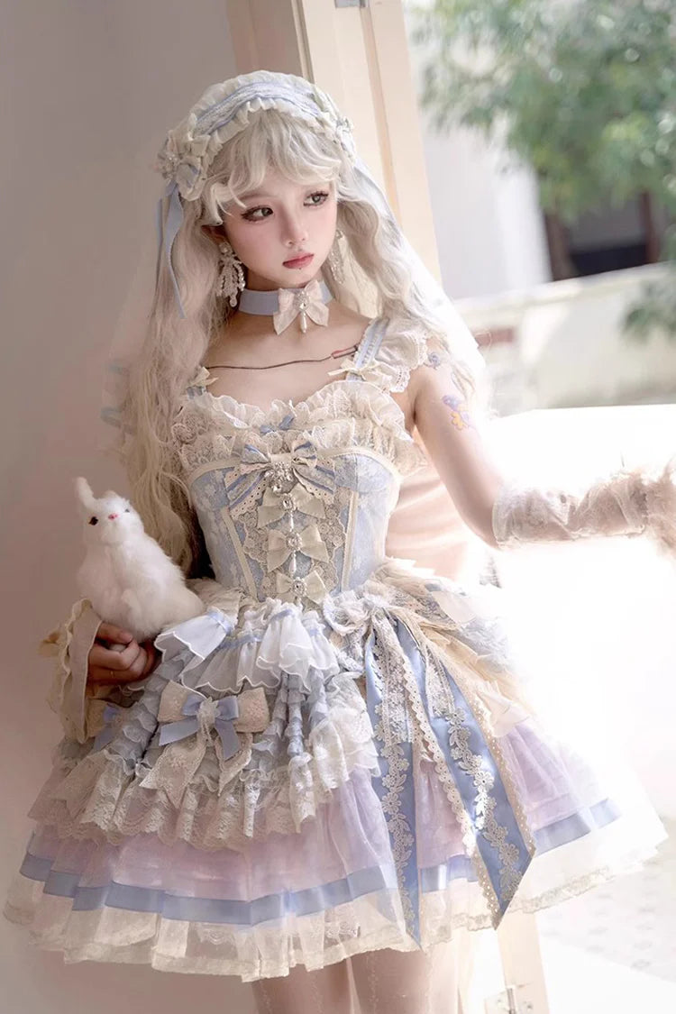 Design Concept:&nbsp;

This Sweet Lolita blue sleeveless princess dress features delicate ruffles, embroidery, lace, and bow details, creating a dreamy and elegant look. The corset-inspired design enhances the silhouette, adding both refinement and charm. The product includes one dress, perfect for achieving a sweet and graceful Lolita style.
