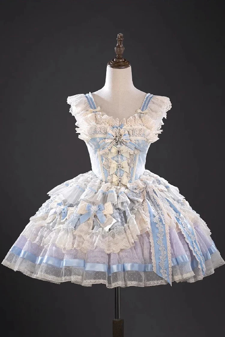 Design Concept:&nbsp;

This Sweet Lolita blue sleeveless princess dress features delicate ruffles, embroidery, lace, and bow details, creating a dreamy and elegant look. The corset-inspired design enhances the silhouette, adding both refinement and charm. The product includes one dress, perfect for achieving a sweet and graceful Lolita style.