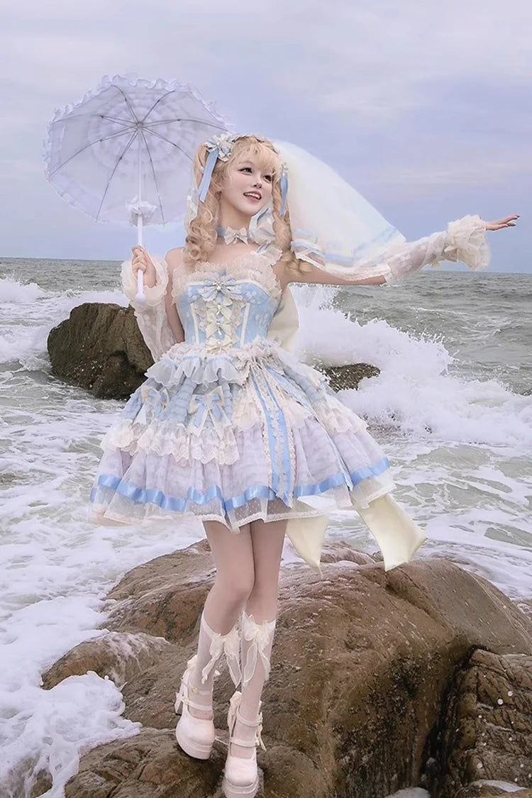 Design Concept:&nbsp;

This Sweet Lolita blue sleeveless princess dress features delicate ruffles, embroidery, lace, and bow details, creating a dreamy and elegant look. The corset-inspired design enhances the silhouette, adding both refinement and charm. The product includes one dress, perfect for achieving a sweet and graceful Lolita style.
