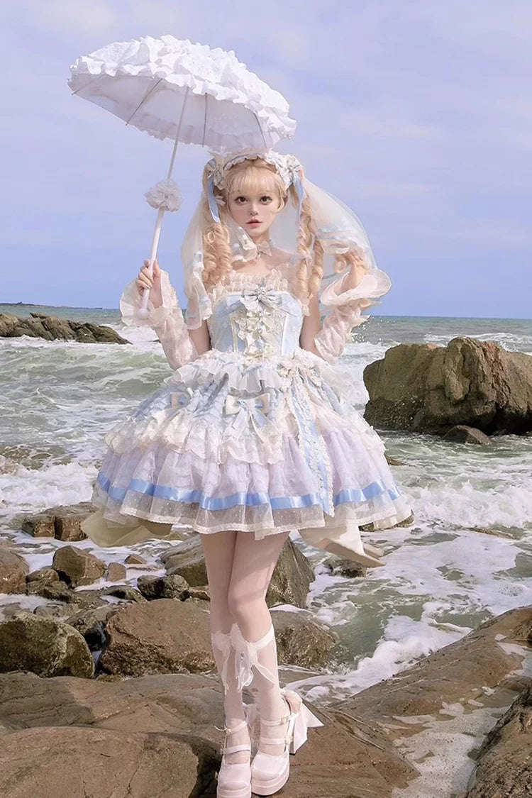 Design Concept:&nbsp;

This Sweet Lolita blue sleeveless princess dress features delicate ruffles, embroidery, lace, and bow details, creating a dreamy and elegant look. The corset-inspired design enhances the silhouette, adding both refinement and charm. The product includes one dress, perfect for achieving a sweet and graceful Lolita style.