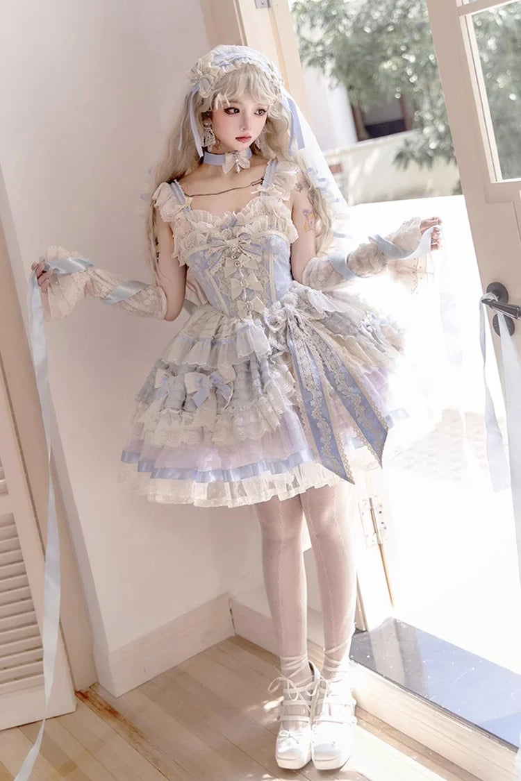 Design Concept:&nbsp;

This Sweet Lolita blue sleeveless princess dress features delicate ruffles, embroidery, lace, and bow details, creating a dreamy and elegant look. The corset-inspired design enhances the silhouette, adding both refinement and charm. The product includes one dress, perfect for achieving a sweet and graceful Lolita style.