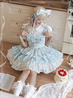 Sweet Lolita Blue Sleeveless Three Layer Printed Bow Cute JSK Dress
