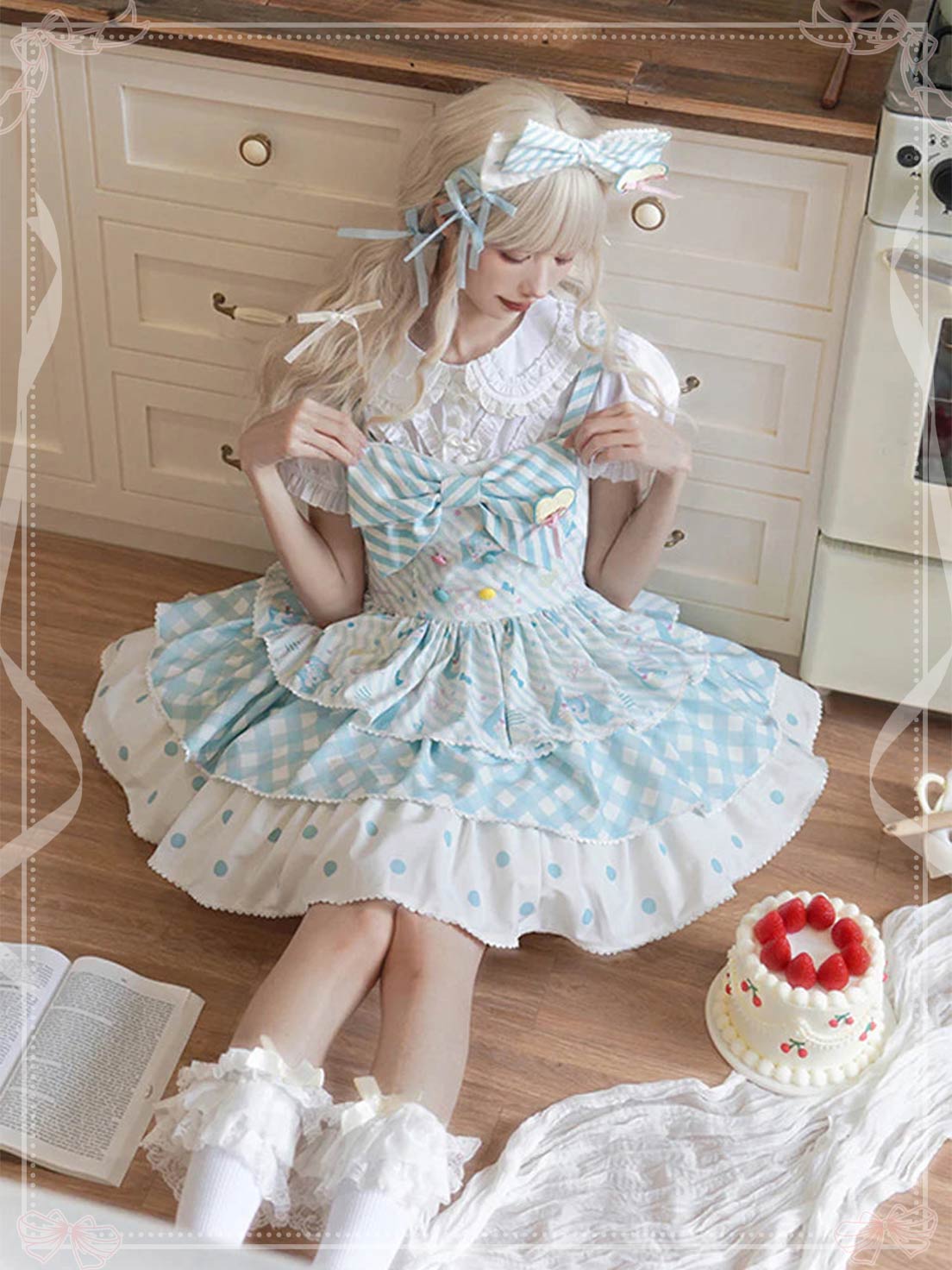 Sweet Lolita Blue Sleeveless Three Layer Printed Bow Cute JSK Dress