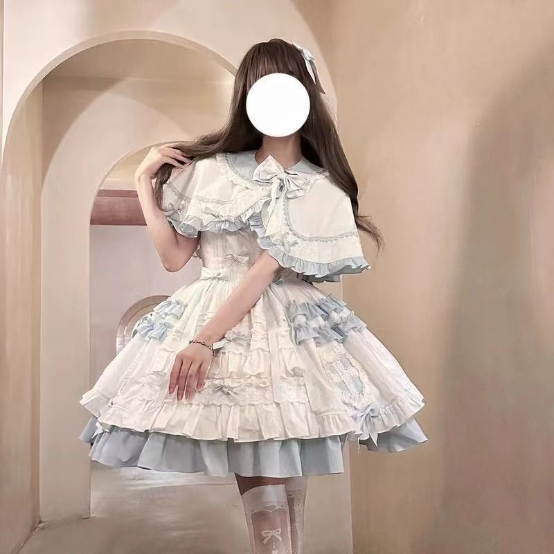 Sweet Lolita Blue White Doll Style Heart Print Cape JSK Set