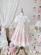 Sweet Lolita Cake Dress Apricot White Cat Cake Print Lace Collar Lolita Dress Plus Size 4XL