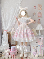 Sweet Lolita Cake Dress Apricot White Cat Cake Print Lace Collar Lolita Dress Plus Size 4XL
