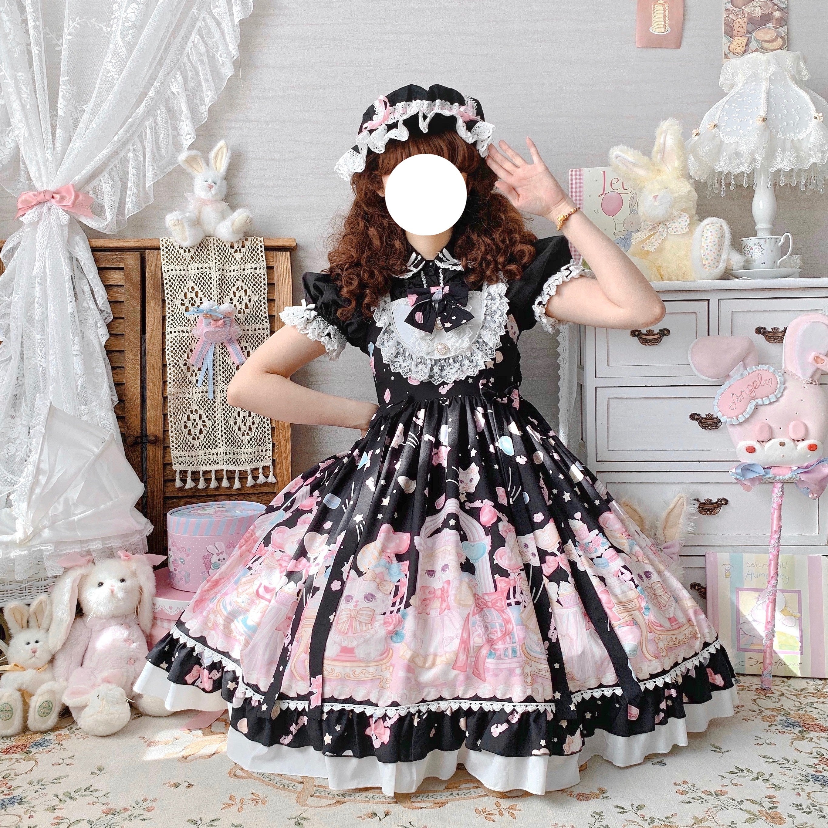Sweet Lolita Cake Dress Black Cat Cake Print Lace Collar Lolita Dress Plus Size 4XL