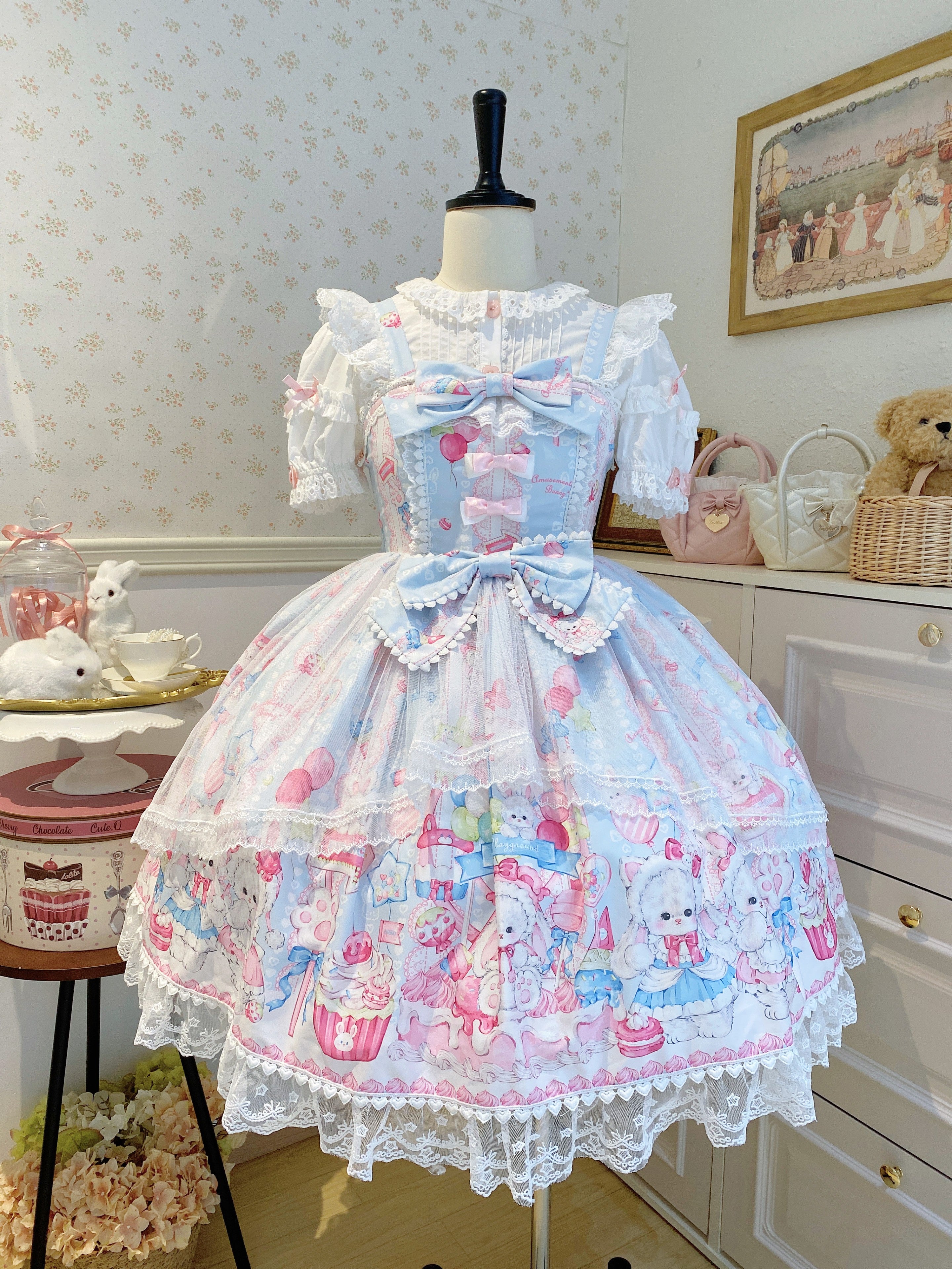 Sweet Lolita Cake Dress Blue Cartoon Character Print Layer Ruffle Lolita Dress 