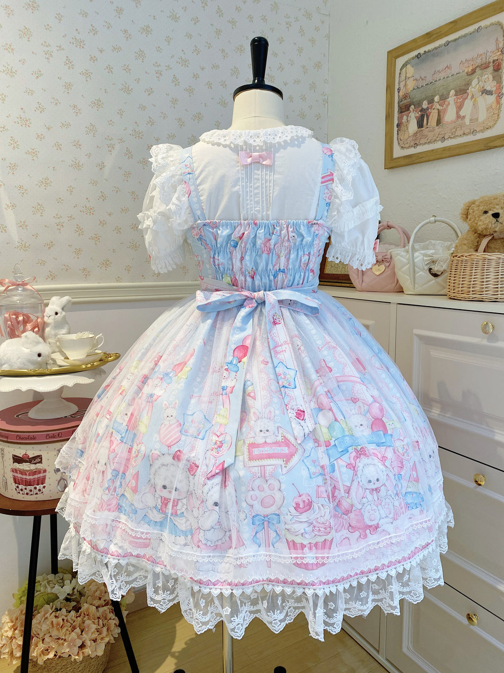Sweet Lolita Cake Dress Blue Cartoon Character Print Layer Ruffle Lolita Dress 