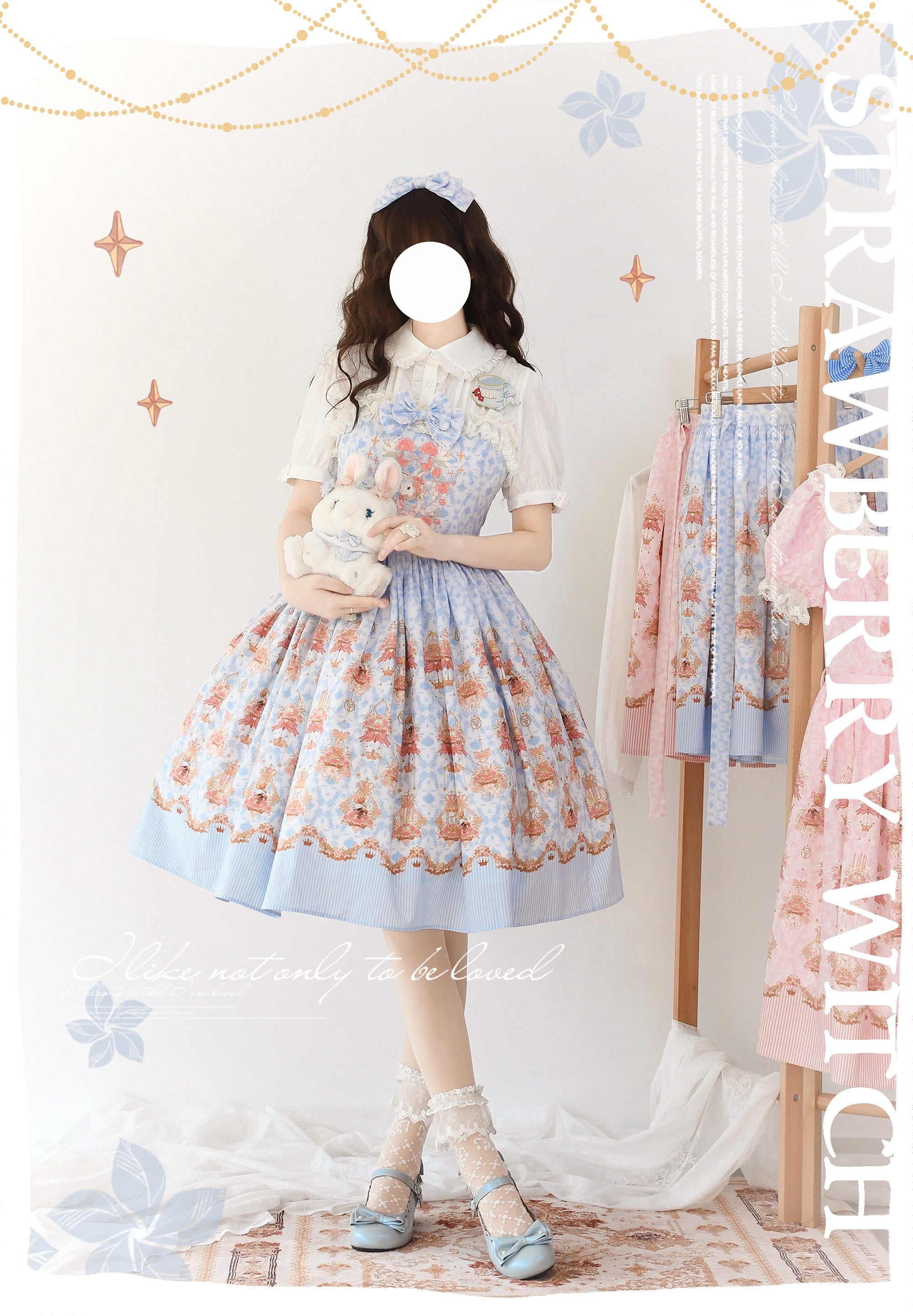 Sweet Lolita Cake Dress Blue Lace Strawberry Witch Rabbit  Trimmed Collar Print Lolita Dress