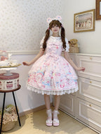 Sweet Lolita Cake Dress Pink Cartoon Character Print Layer Ruffle Lolita Dress 