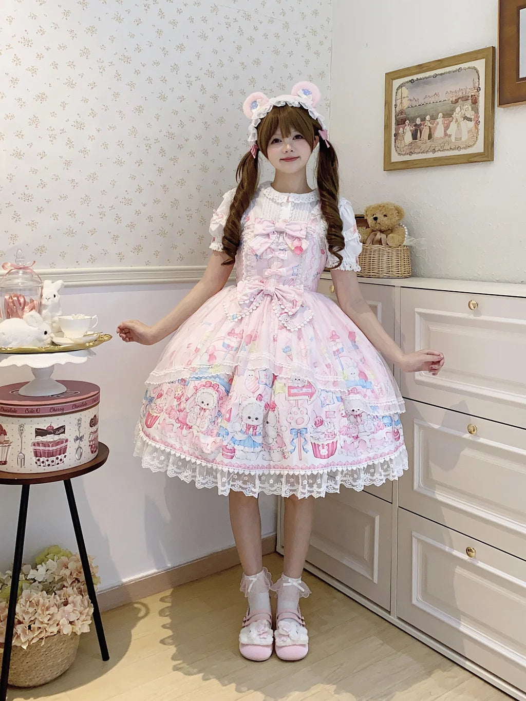 Sweet Lolita Cake Dress Pink Cartoon Character Print Layer Ruffle Lolita Dress 