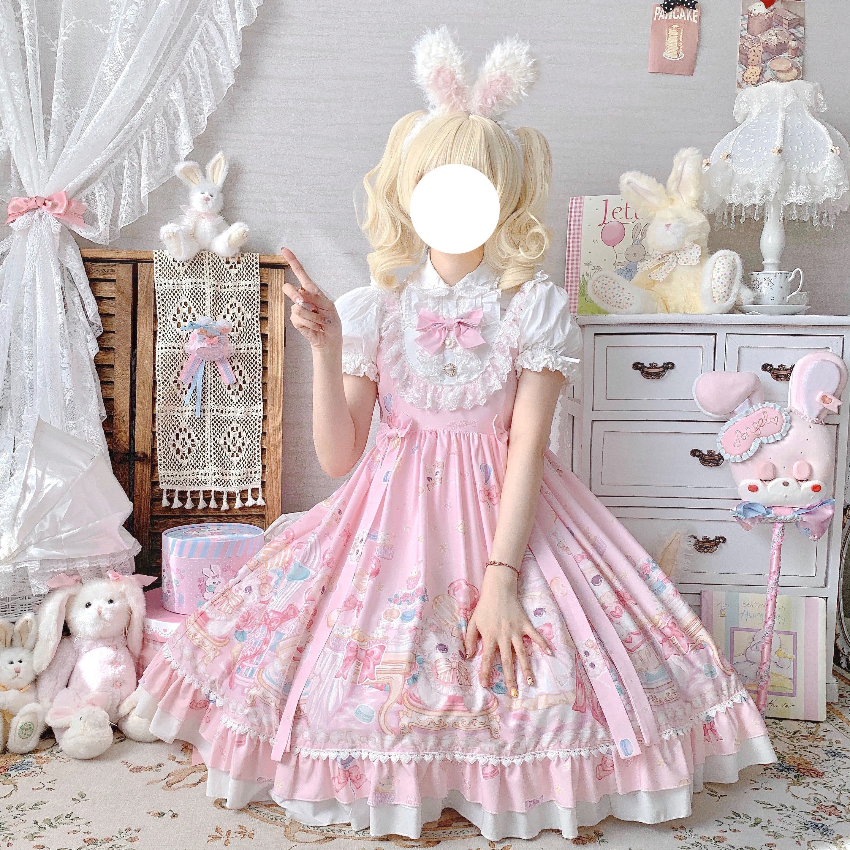 Sweet Lolita Cake Dress Pink Cat Cake Print Lace Collar Lolita Dress Plus Size 4XL