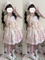 Sweet Lolita Cake Dress Pink Cream Bunny Print Ruffle Detailed Lolita Dress 