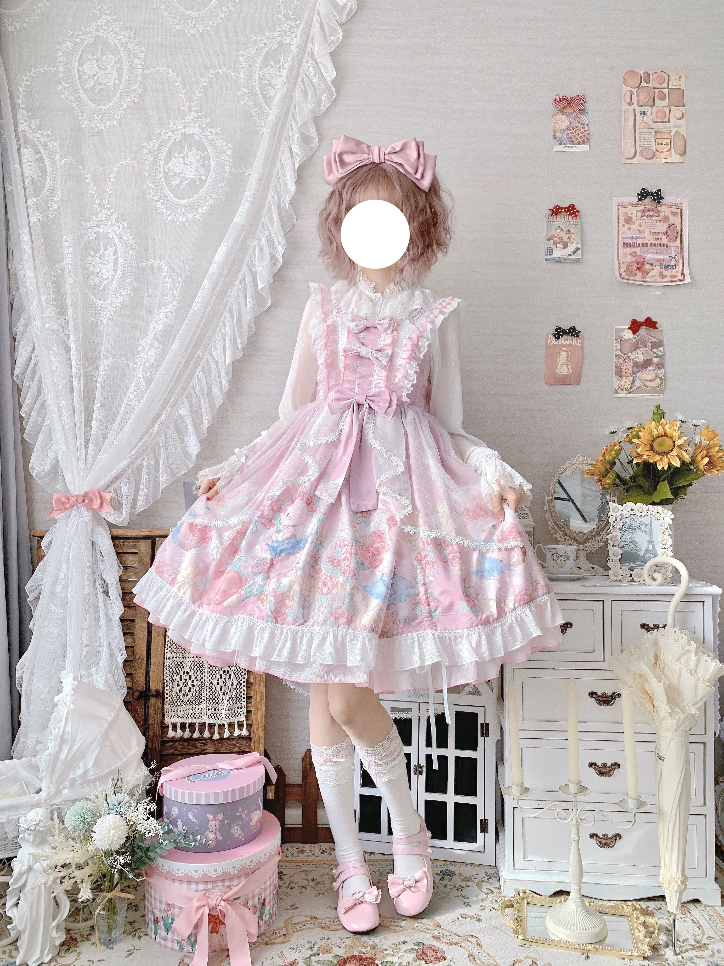 Sweet Lolita Cake Dress Pink Floral Print Bow Layered Lolita Dress