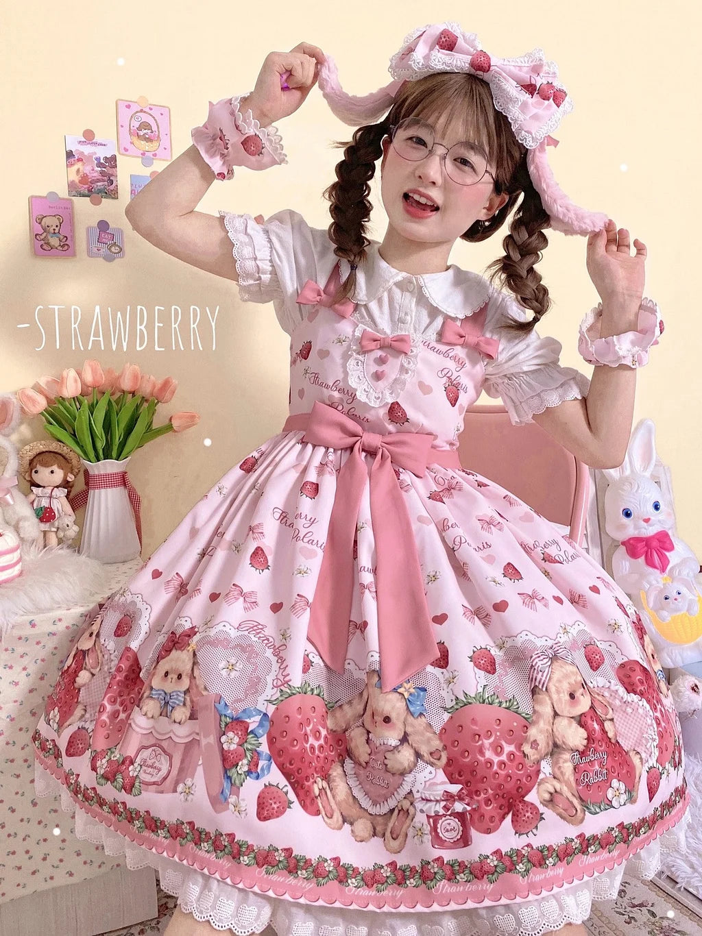 Sweet Lolita Cake Dress Pink Strawberry Teddy Print Ruffled Collar Lolita Dress