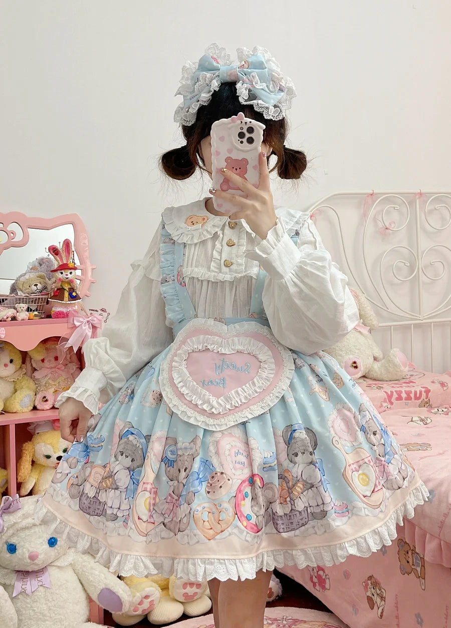 Sweet Lolita Cake Dress Soft Blue Teddy Print Bow Adorned Lolita Dress