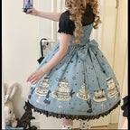 Sweet Lolita Cake Dress Tea Party Fashion Light Blue Chocolate Rabbit Print Black Accent Lolita Dress
