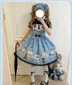Sweet Lolita Cake Dress Tea Party Fashion Light Blue Chocolate Rabbit Print Black Accent Lolita Dress
