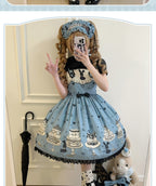 Sweet Lolita Cake Dress Tea Party Fashion Light Blue Chocolate Rabbit Print Black Accent Lolita Dress
