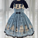 Sweet Lolita Cake Dress Tea Party Fashion Light Blue Chocolate Rabbit Print Black Accent Lolita Dress
