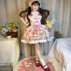Sweet Lolita Cake Dress Tea Party Fashion Pink White Bear Strawberry Print Bow Accents Lolita Dress