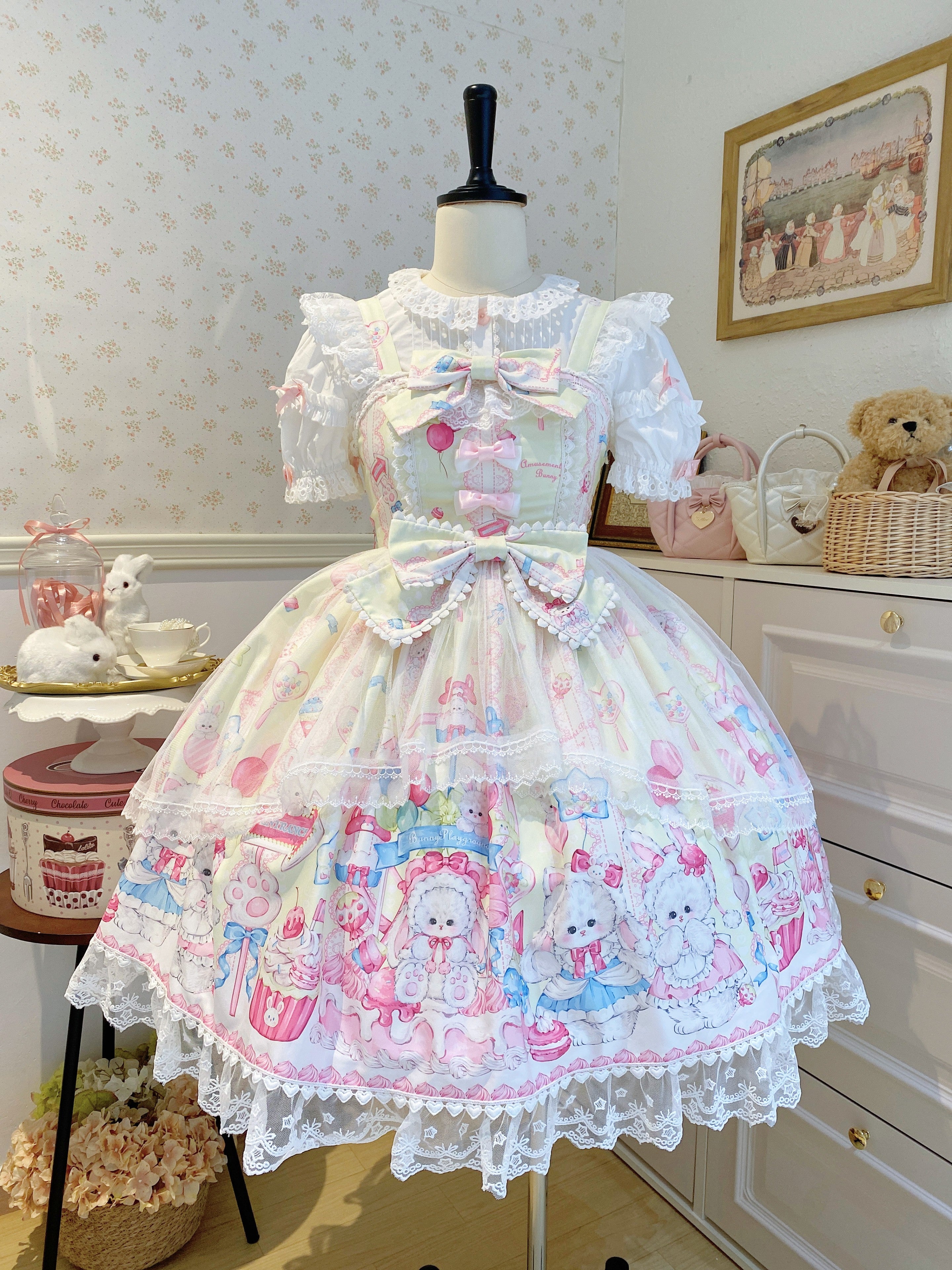 Sweet Lolita Cake Dress Yellow Cartoon Character Print Layer Ruffle Lolita Dress 