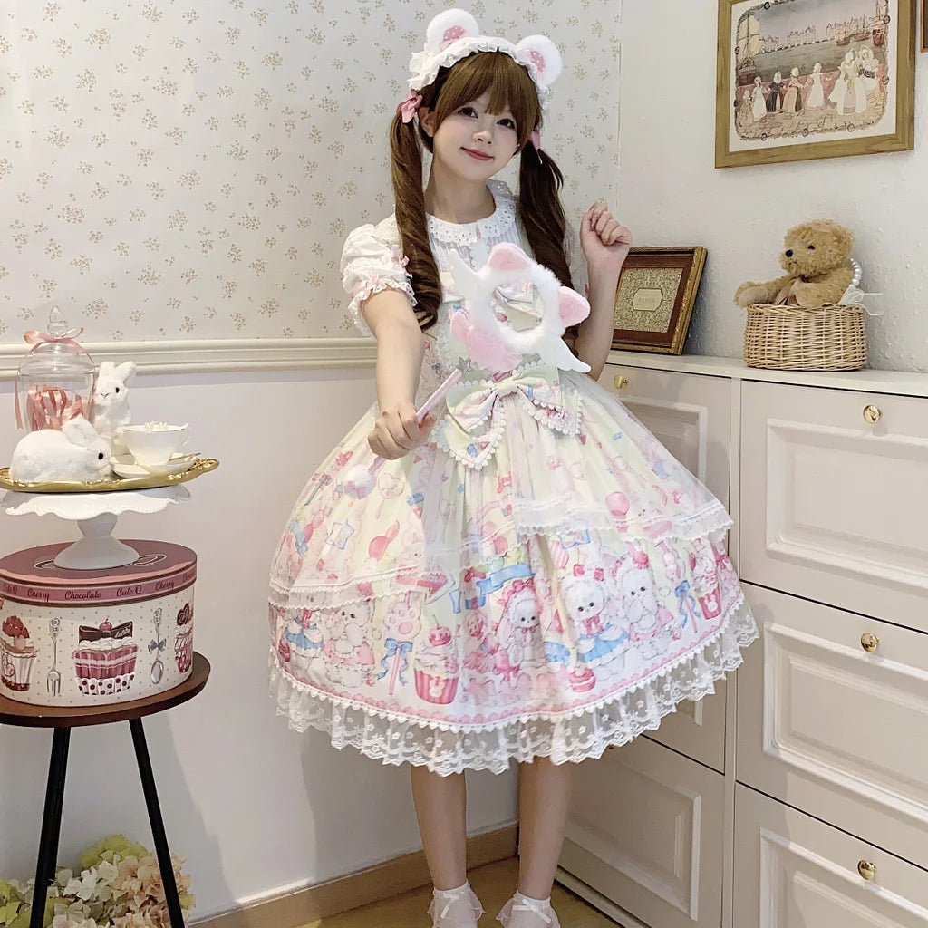 Sweet Lolita Cake Dress Yellow Cartoon Character Print Layer Ruffle Lolita Dress 