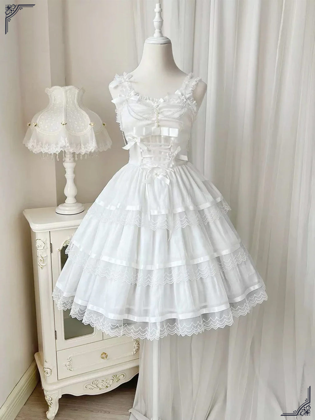 Sweet Lolita Chiffon Lace White Black Dress Bridal Goth JSK Elegant Dresses