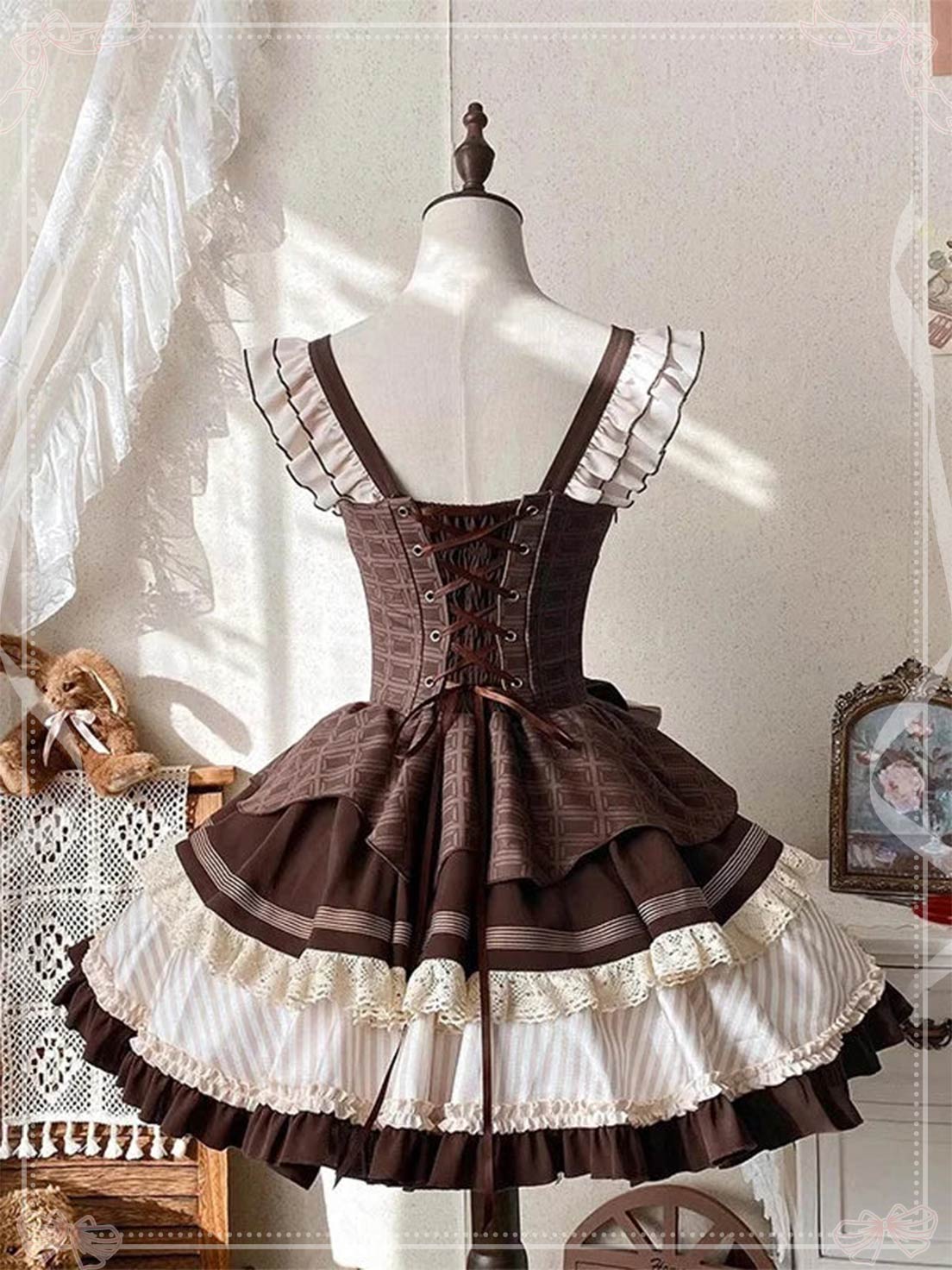 Sweet Lolita Chocolate Cake Cream Dress with Corset Brown Waist Skinny Bow