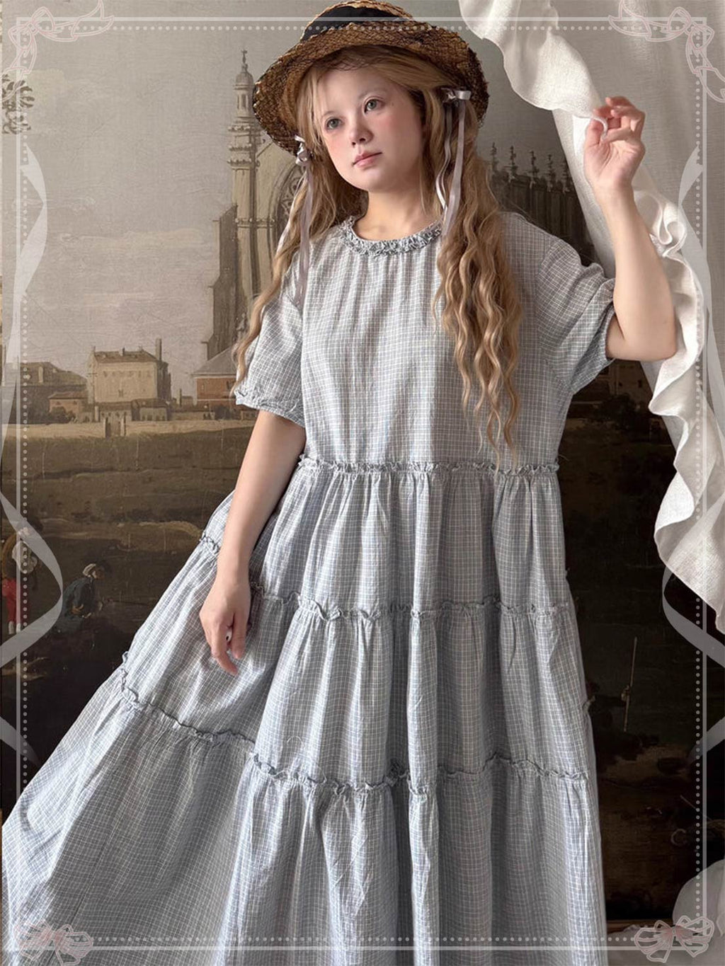 Sweet Lolita Dress Blue Lace Layer Puff Sleeve Plaid Summer Short Sleeve Round Neck