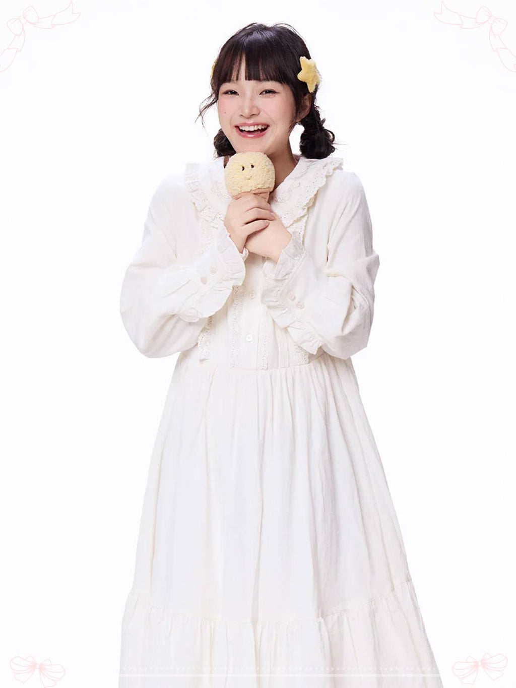 Sweet Lolita Dress White Jacquard Ribbon Bow Tie Loose Fall Winter Cute Girl Daily Wear