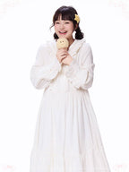 Sweet Lolita Dress White Jacquard Ribbon Bow Tie Loose Fall Winter Cute Girl Daily Wear