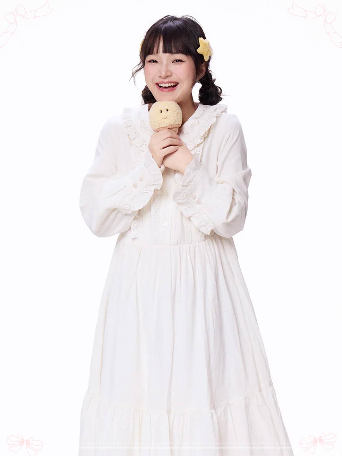 Sweet Lolita Dress White Jacquard Ribbon Bow Tie Loose Fall Winter Cute Girl Daily Wear
