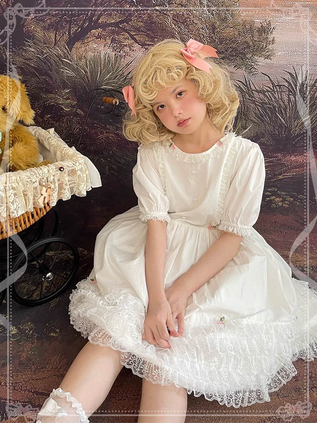 Sweet Lolita Dress White Lace Tie Waist Puff Sleeve Short Skirt Elegant Daily Wear