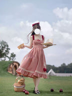 Sweet Lolita Gingham Dress Little  Vitality Red Plaid Tank Skirt Dot Yarn Bubble Sleeve Shirt