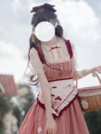 Sweet Lolita Gingham Dress Little  Vitality Red Plaid Tank Skirt Dot Yarn Bubble Sleeve Shirt