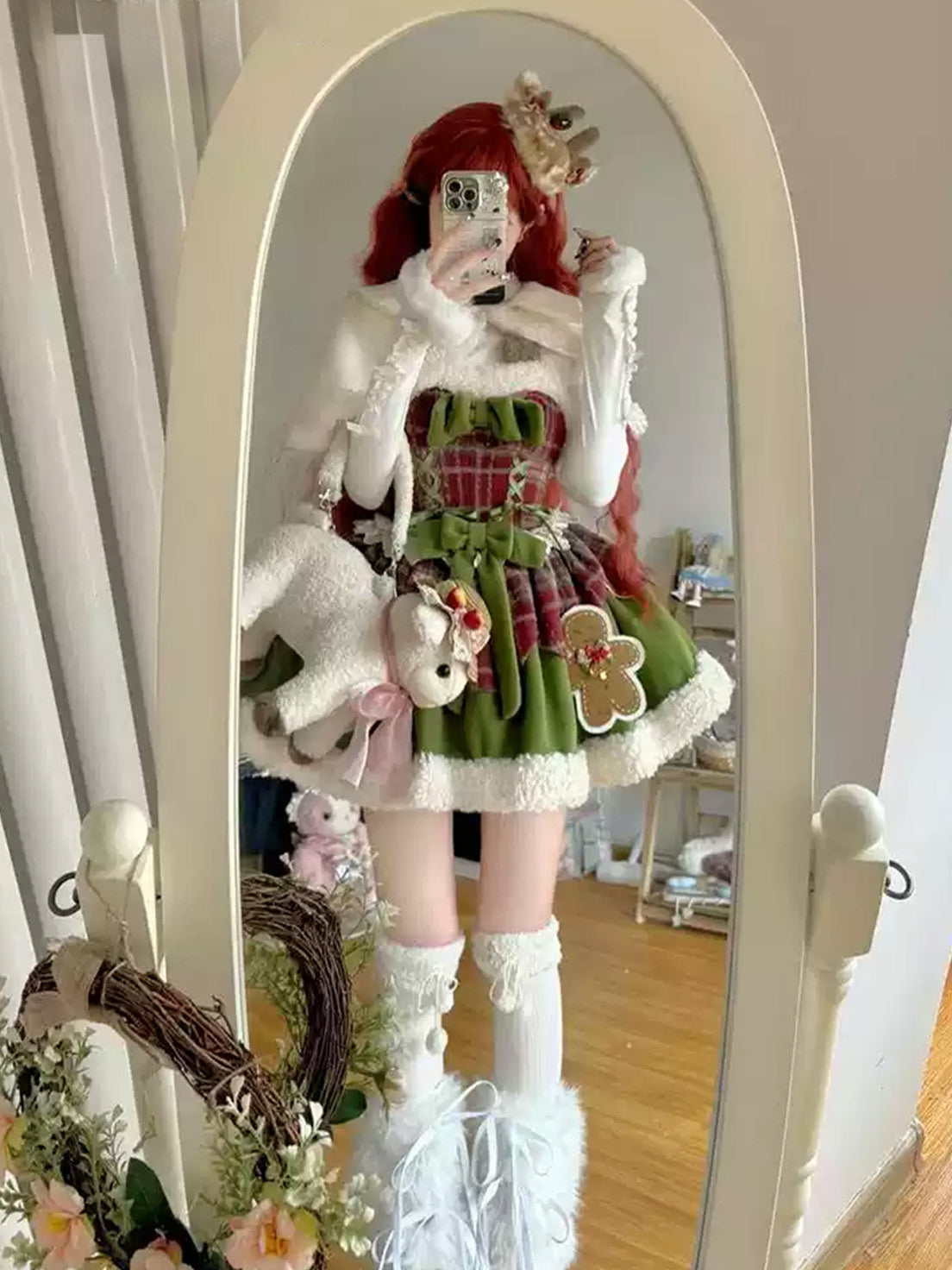 Sweet Lolita Green Christmas Wool Fleece Cape Coat and Puffy Skirt Set