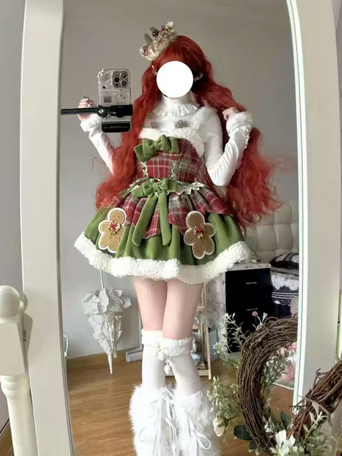 Sweet Lolita Green Christmas Wool Fleece Cape Coat and Puffy Skirt Set