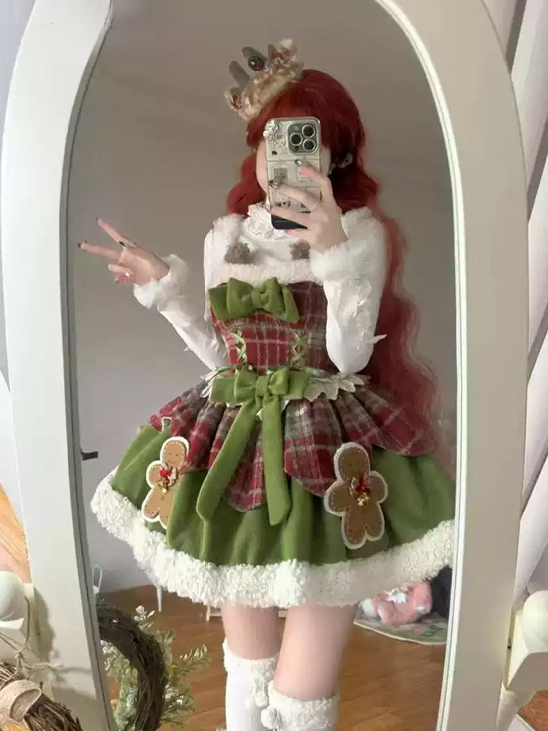 Sweet Lolita Green Christmas Wool Fleece Cape Coat and Puffy Skirt Set