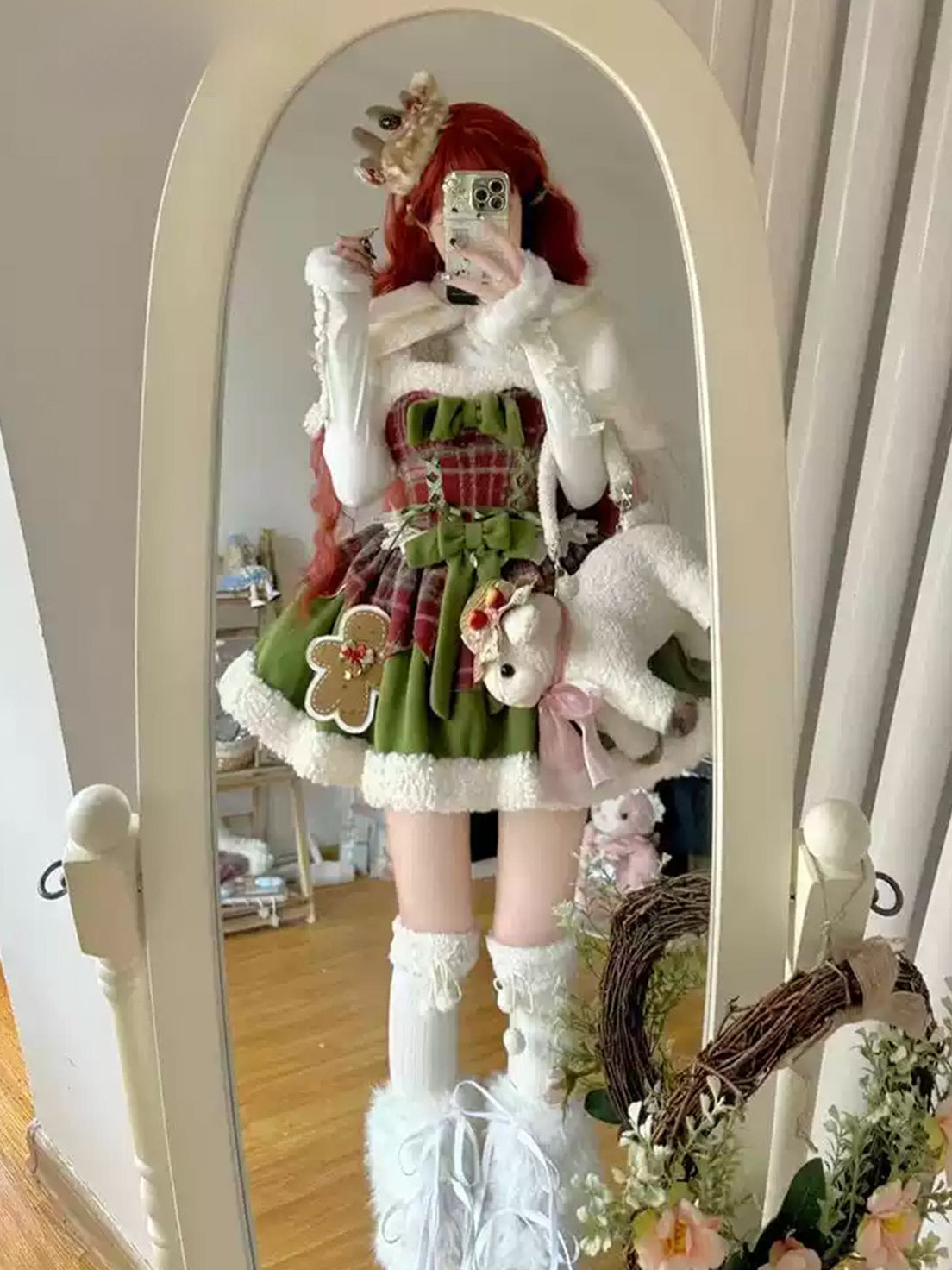 Sweet Lolita Green Christmas Wool Fleece Cape Coat and Puffy Skirt Set