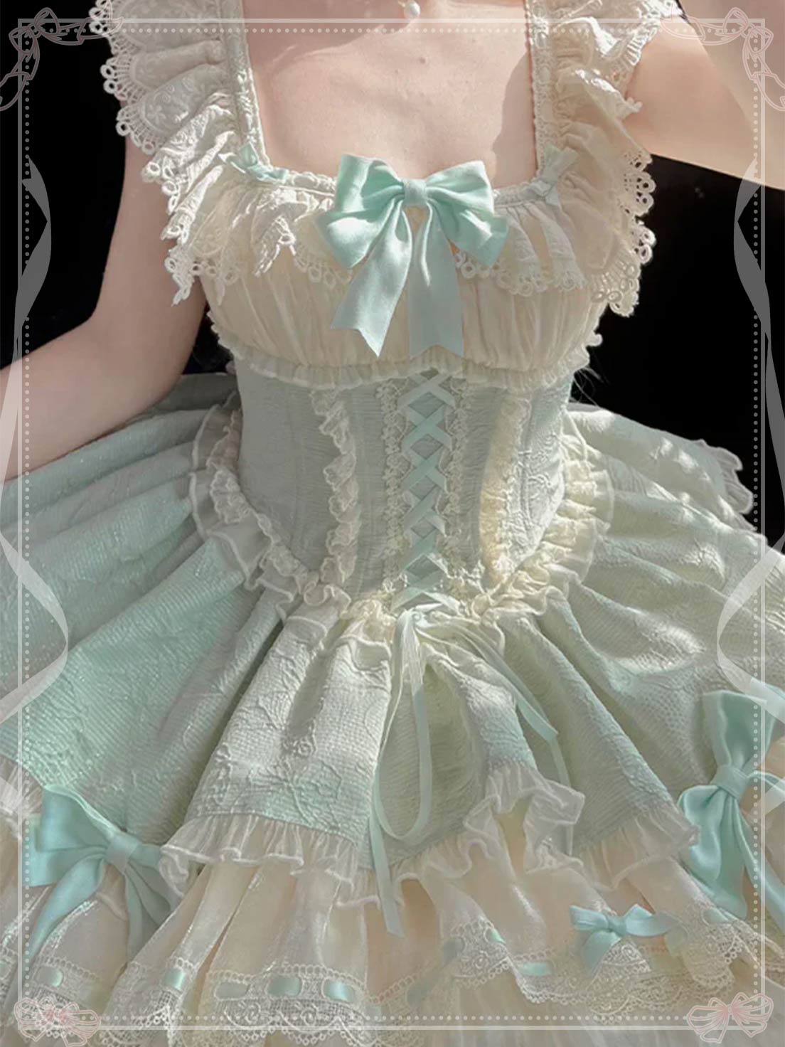 Sweet Lolita Green Double-layer Ruffle Bow Lace Lace up Sweet Ballet Lolita JSK Dress