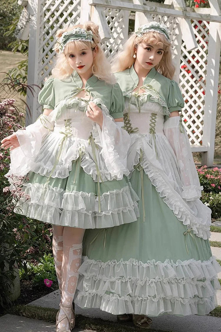 Design Concept:
Bring romantic charm to your wardrobe with this Sweet Lolita green JSK dress in a long version. Designed with layered ruffles, floral lace, and a lace-up bodice, it creates a graceful silhouette that flatters plus-size figures while maintaining a sweet aesthetic. The flowing length and delicate details evoke fairytale elegance, making it perfect for tea parties, outdoor photoshoots, or special gatherings. Comfortable yet enchanting, this JSK dress offers a versatile choice for creating dream